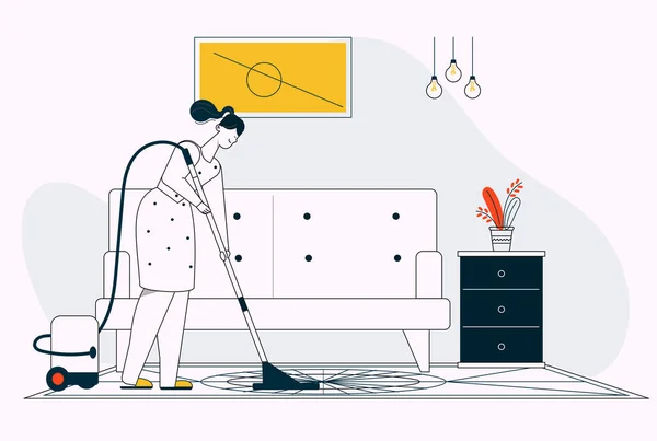 Kobieta odkurzanie podłogi w salonie, sprzątanie domu — Wektor stockowy