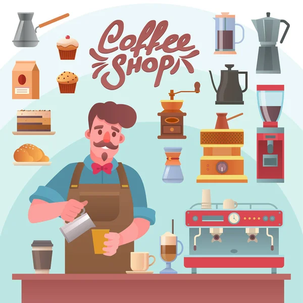 Εικονογράφηση διανυσματικού χαρακτήρα του barista κάνοντας καφέ — Διανυσματικό Αρχείο
