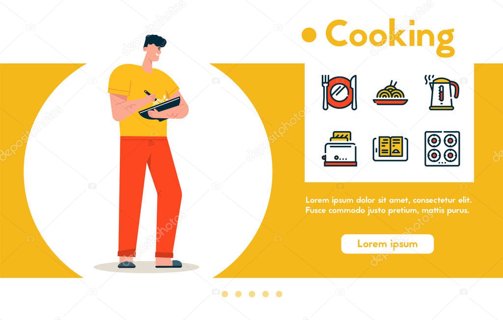 Vector banner illustration of man cooking at home