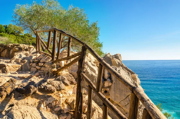 Sentiero in legno per raggiungere la spiaggia di Sardegna, Golfo di Orosei, Italia — Foto Stock