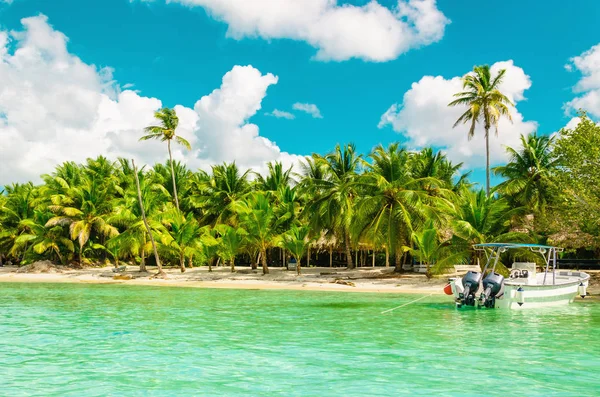 Increíble costa exótica de República Dominicana con palmeras altas, barcos coloridos Fotos de stock libres de derechos