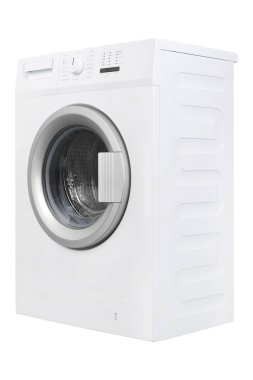 Beyaz arka planda izole edilmiş çamaşır makinesi.