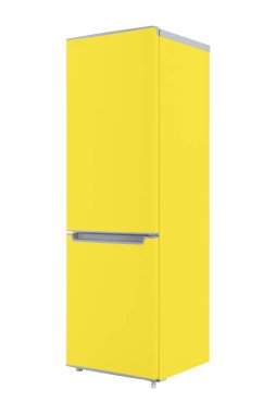 Beyaz Arkaplanda izole edilmiş yeni sarı buzdolabı. Modern Mutfak ve Büyük Ev Aletleri