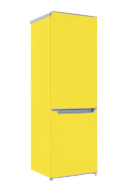 Beyaz Arkaplanda izole edilmiş yeni sarı buzdolabı. Modern Mutfak ve Büyük Ev Aletleri