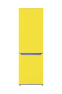 Beyaz Arkaplanda izole edilmiş yeni sarı buzdolabı. Modern Mutfak ve Büyük Ev Aletleri