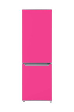 Beyaz Arkaplanda izole edilmiş yeni pembe buzdolabı. Modern Mutfak ve Büyük Ev Aletleri