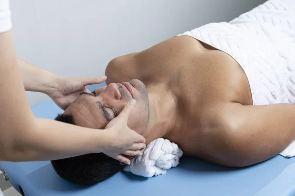 Modern Rehabilitation Physiotherapy Therapist Massaging Man Face — Stock Photo, Image