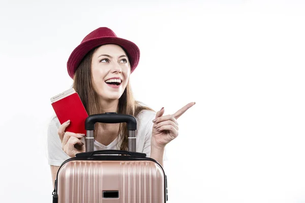 Beautiful Happy Woman Sitting Holding Her Luggage Passport Map Ticket — Stock Photo, Image