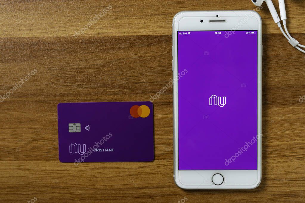 January 08, 2020, Brazil. Nubank logo on the screen of the mobile device.  Pioneer Brazilian startup company in the financial services segment. The Largest fintech in Latin America.