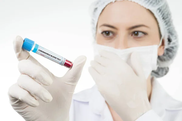 Nurse Holding Protective Mask Positive Result Blood Test Widely Spread — 스톡 사진