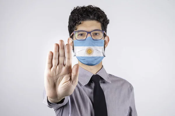 Man Wearing Mask Argentine Flag Asking Keep Social Distance Covid — Stock Photo, Image