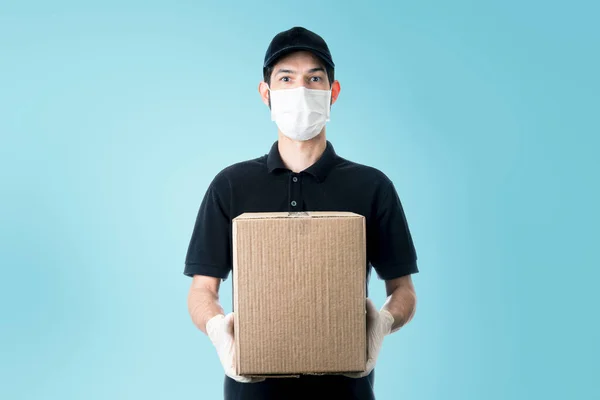 Repartidor Con Máscara Uniforme Guantera Antecedentes Cian —  Fotos de Stock