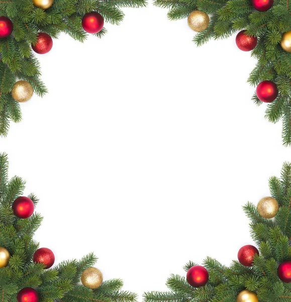 Corner Christmas Fir Branch Christmas Balls White Background — Stock Photo, Image