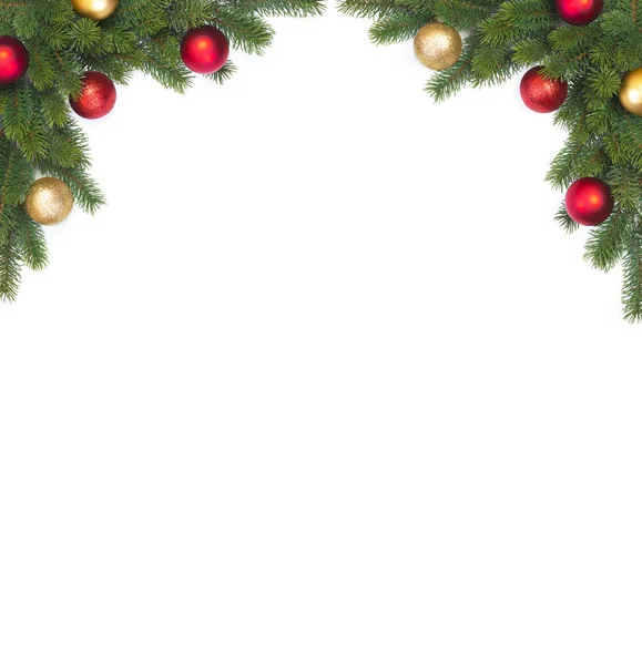 Corner Christmas Fir Branch Christmas Balls White Background — Stock Photo, Image