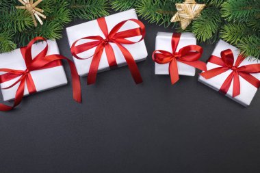 Noel ağacı dalı ve hediye kutuları