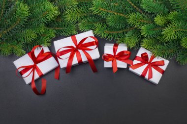 Noel ağacı dalı ve hediye kutuları