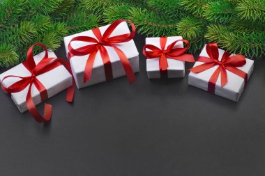 Noel ağacı dalı ve hediye kutuları