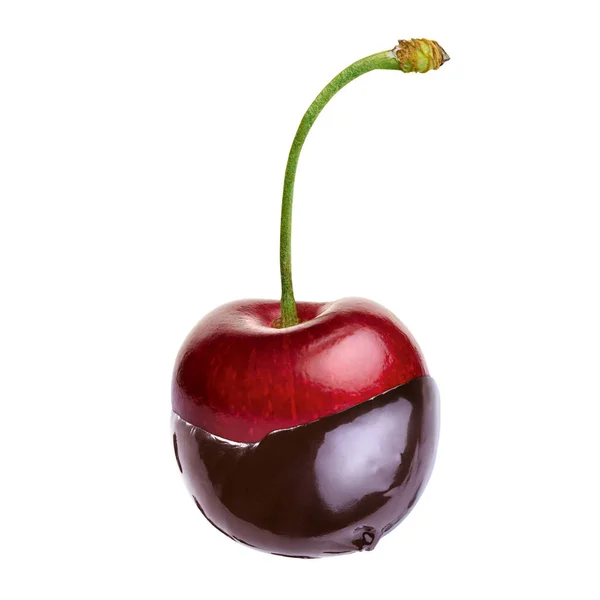 Cherry Dalam Cokelat Panas Pada Latar Belakang Putih — Stok Foto