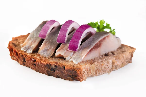 Sandwich Avec Tranches Hareng Sur Fond Blanc — Photo