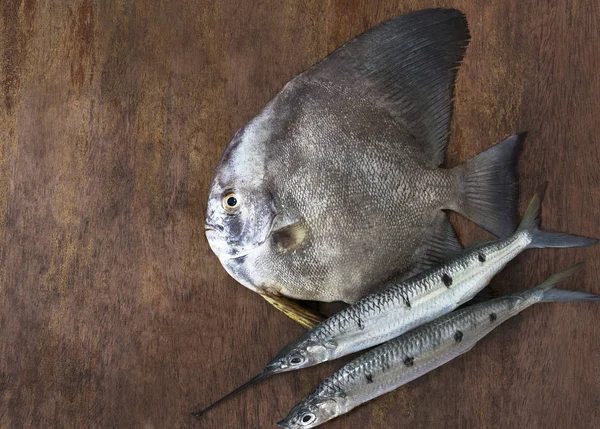 Close-up of black flat fish and two needles-fish on vintage old wooden background