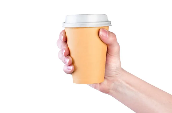 Χέρι Που Κρατά Ένα Χαρτί Φλιτζάνι Καφέ Που Απομονώνονται Λευκό — Φωτογραφία Αρχείου