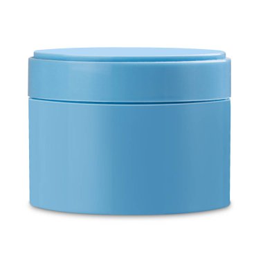 Plastik mavi yuvarlak kozmetik krem beyaz arka plan üzerinde izole için 3d modeli kavanoz