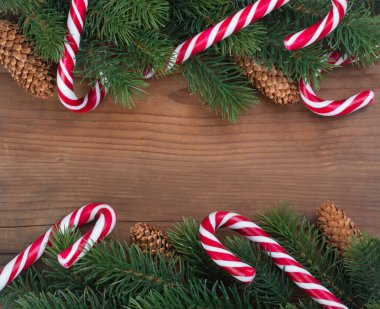 Çelenkler, koniler ve karamel ile süslenmiş Noel ağacı dalı