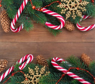 Çelenkler, koniler ve karamel ile süslenmiş Noel ağacı dalı