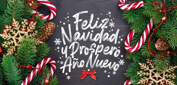 Christmas card with wishes words in Spanish Merry Christmas and — 스톡 사진