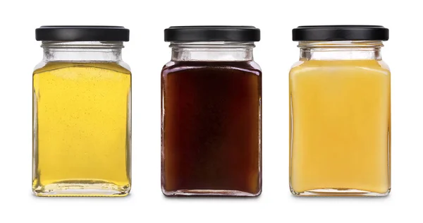 Collection of jars of different types of honey — Stock Fotó