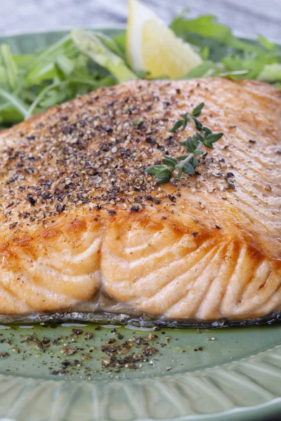 Grilled Salmon Fillet Pepper Green Plate — Stock Photo, Image