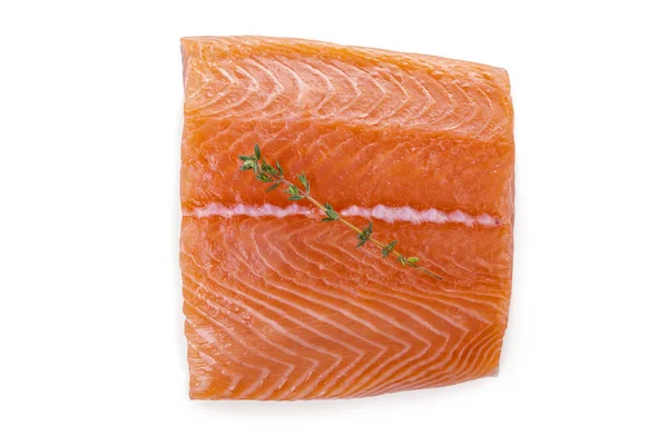 Fresh Raw Salmon Filet Thyme Sprig Isolated White Background — Stock Photo, Image