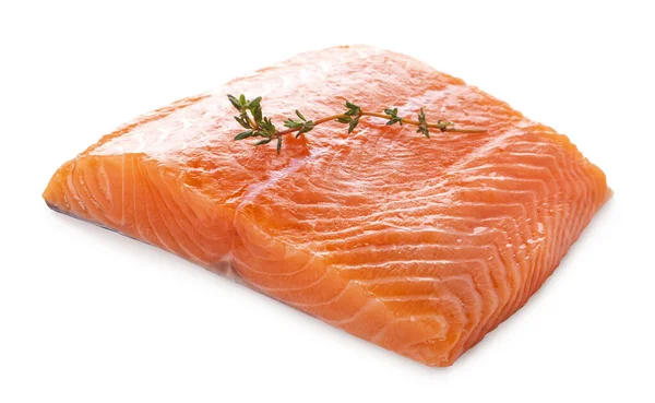 Fresh Raw Salmon Filet Thyme Sprig Isolated White Background — Stock Photo, Image