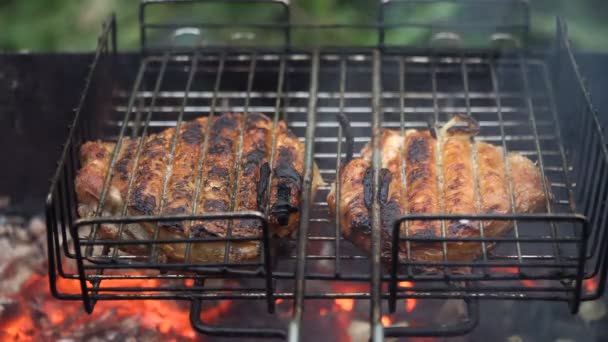 Grilled meat on the flaming grill — Stock Video