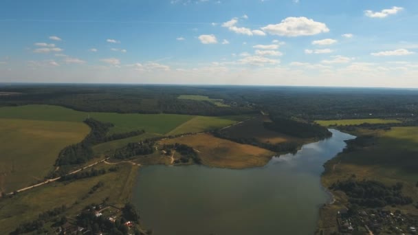 Luftaufnahme. Landschaft des Feldes, See. — Stockvideo