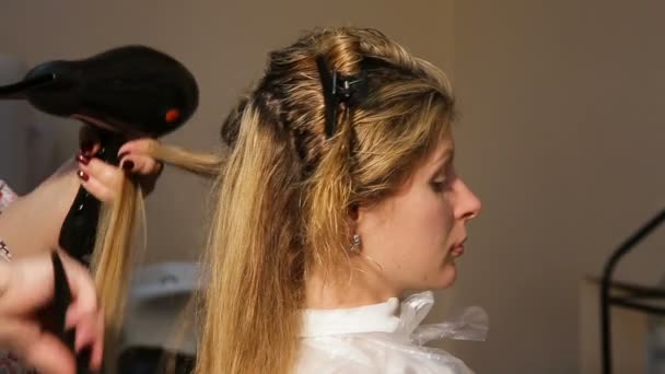 Cabeleireiro mulher seca o secador de cabelo — Vídeo de Stock
