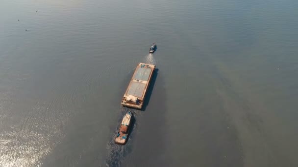 Aerial view tugboat and barge in the sea.Philippines, Manila. — Stock Video