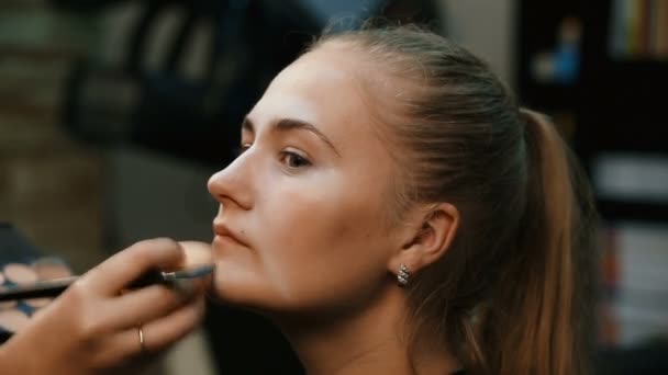 Make up artist doing professional make up of young woman — Stock Video