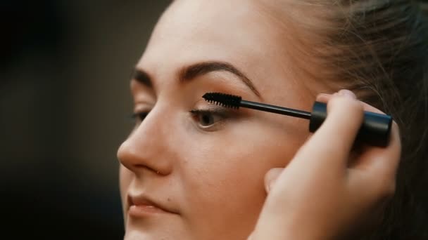 Maquillar artista haciendo profesional maquillaje de mujer joven — Vídeos de Stock