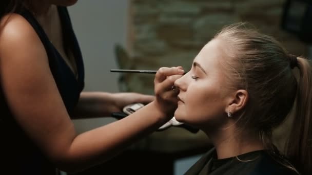 Make up artist doing professional make up of young woman — Stock Video