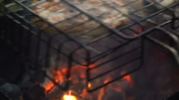 Grilled meat on the flaming grill — Stock Video
