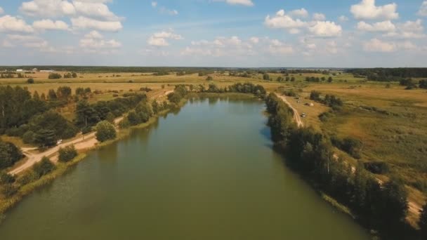 Aerial View.Landscape of the field, lake. — Stock Video