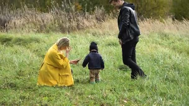 Jeune famille en promenade dans le parc . — Video