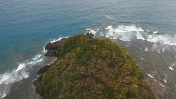 Tropik ada, plaj, kayalar ve dalgalar deniz manzarası. Catanduanes, Filipinler. — Stok video