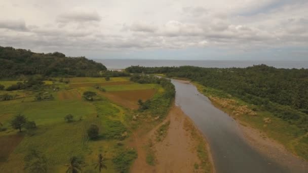 Gebirgsfluss fließt ins Meer.. Camiguin Insel Philippinen. — Stockvideo