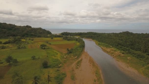 Berg rivier mondt uit in de zee... Camiguin island, Filippijnen. — Stockvideo