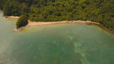 Havadan görünümü tropikal lagün, deniz, plaj. Tropik ada. Catanduanes, Filipinler.