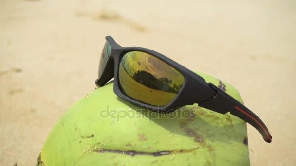 Солнечные очки на кокосе — стоковое видео