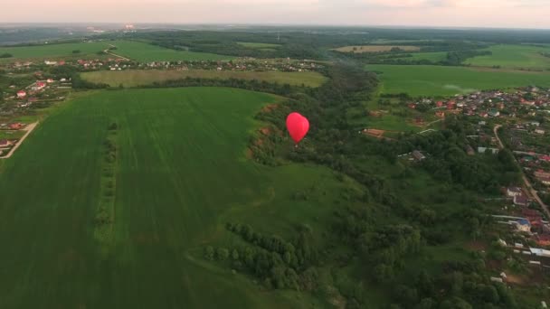 Montgolfière dans le ciel au-dessus d'un champ.Vue aérienne — Video