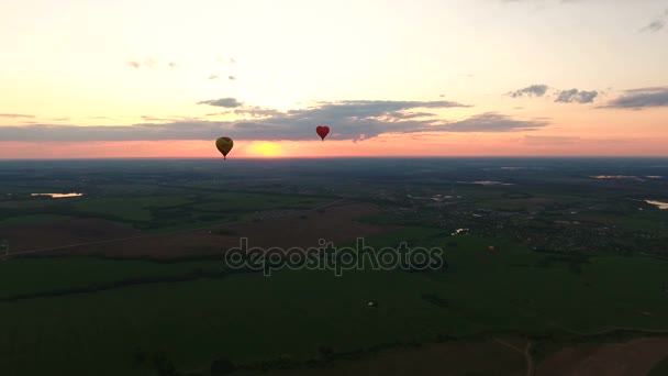 Palloncini d'aria calda nel cielo su un campo.Vista aerea — Video Stock
